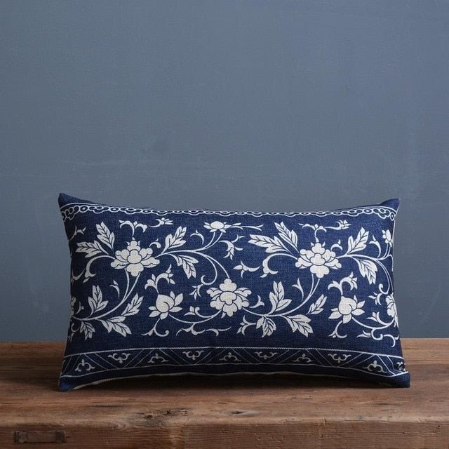 Linen-Cotton Blend Cushion Cover with Porcelain Pattern