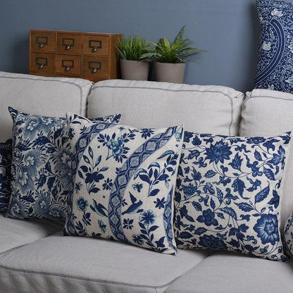 Linen-Cotton Blend Cushion Cover with Porcelain Pattern