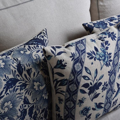 Linen-Cotton Blend Cushion Cover with Porcelain Pattern