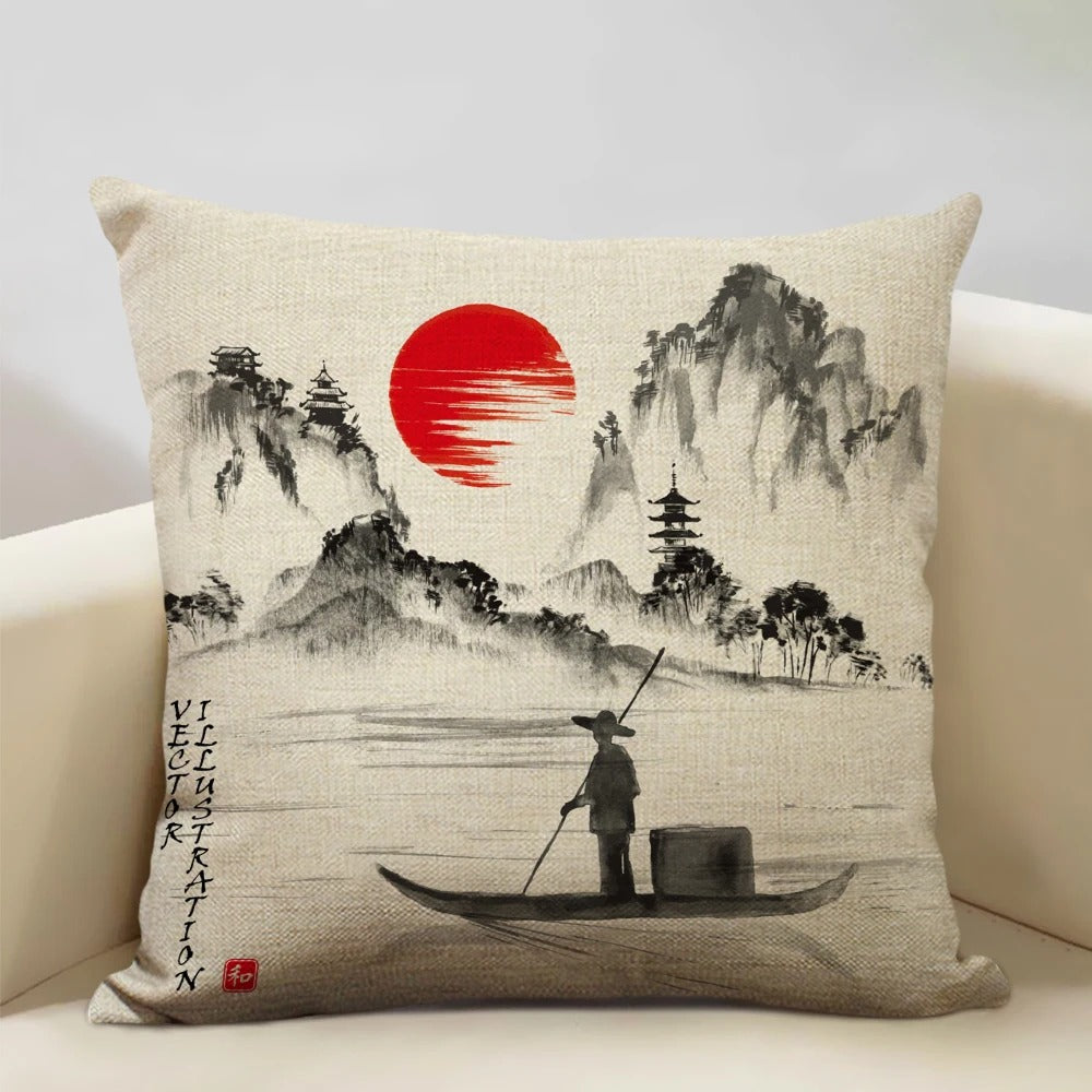 Traditional Japanese Mount Fuji Pillow Cover