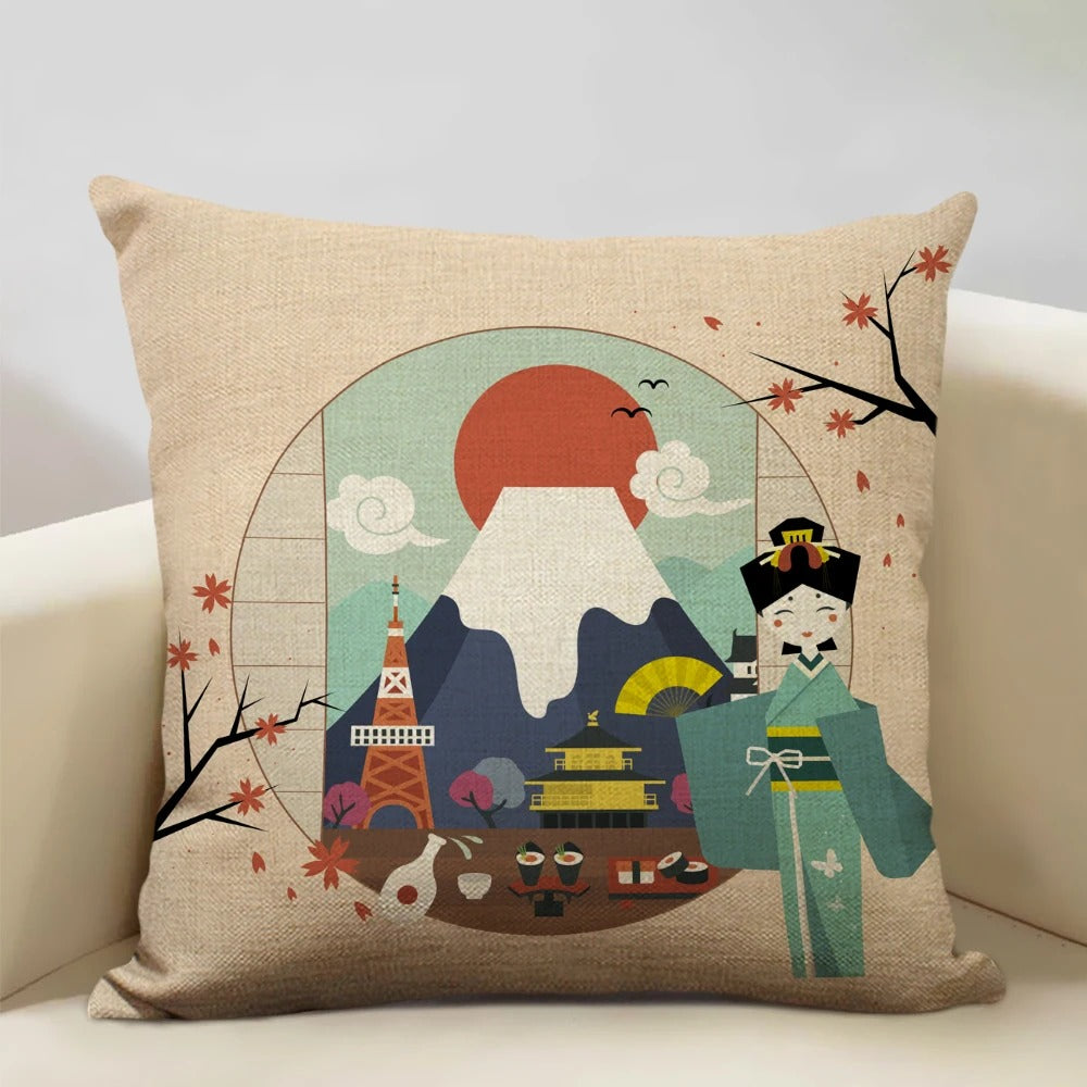 Traditional Japanese Mount Fuji Pillow Cover