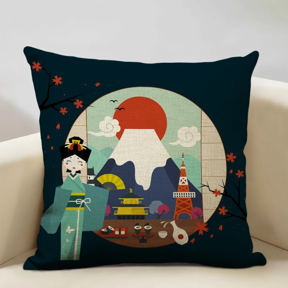 Traditional Japanese Mount Fuji Pillow Cover