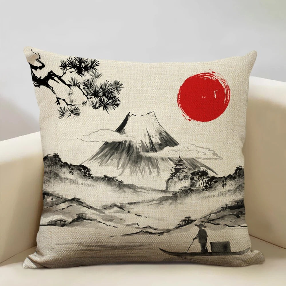 Traditional Japanese Mount Fuji Pillow Cover