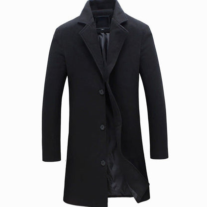 Men's Cold Weather Tailored Single-Breasted Long Wool-Blend Overcoat
