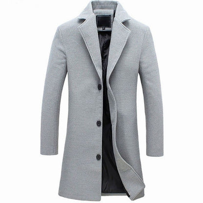 Men's Cold Weather Tailored Single-Breasted Long Wool-Blend Overcoat