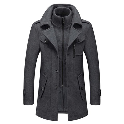 Men's Double-Layer Wool Winter Overcoat with Knit Collar