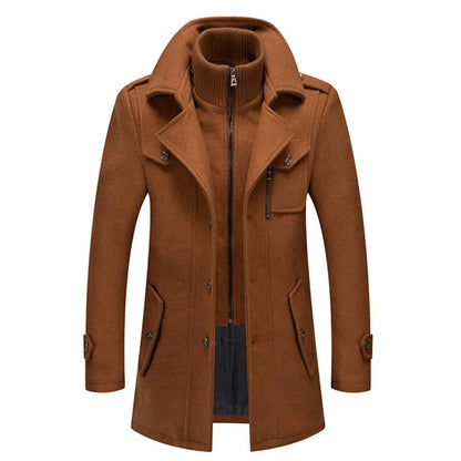Men's Double-Layer Wool Winter Overcoat with Knit Collar