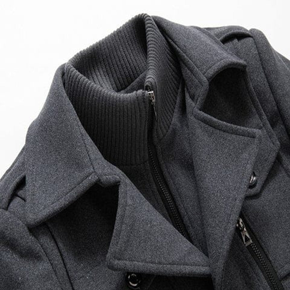 Men's Double-Layer Wool Winter Overcoat with Knit Collar