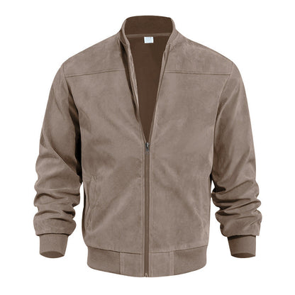 Men's Faux Suede Bomber Jacket with Elastic Cuffs