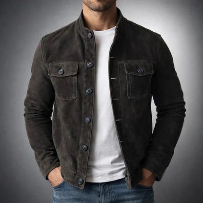 Men's Italian Suede Button-Front Stand-Collar Jacket