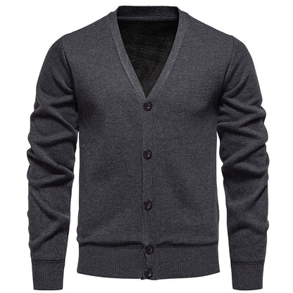 Men's Lightweight Fine-Knit V-Neck Cardigan with Concealed Button Placket and Ribbed Cuffs