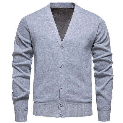 Men's Lightweight Fine-Knit V-Neck Cardigan with Concealed Button Placket and Ribbed Cuffs
