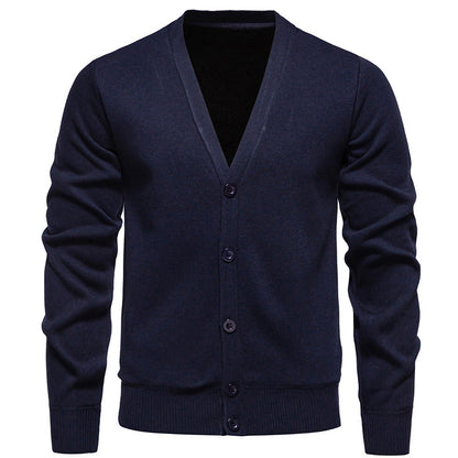 Men's Lightweight Fine-Knit V-Neck Cardigan with Concealed Button Placket and Ribbed Cuffs
