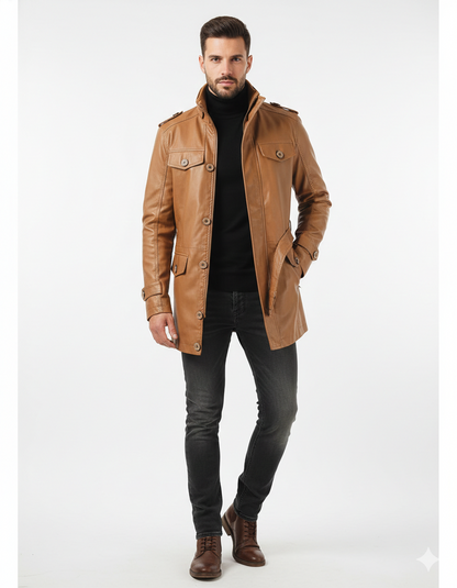 Men's Long Leather Coat – Comfortable Fit and Elegant Style for Winter