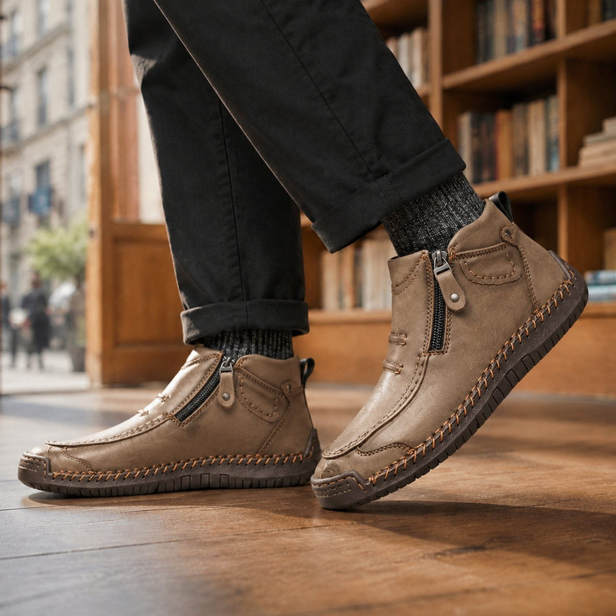 Men's Orthopedic Side-Zip Moc-Toe Leather-Look Ankle Boots