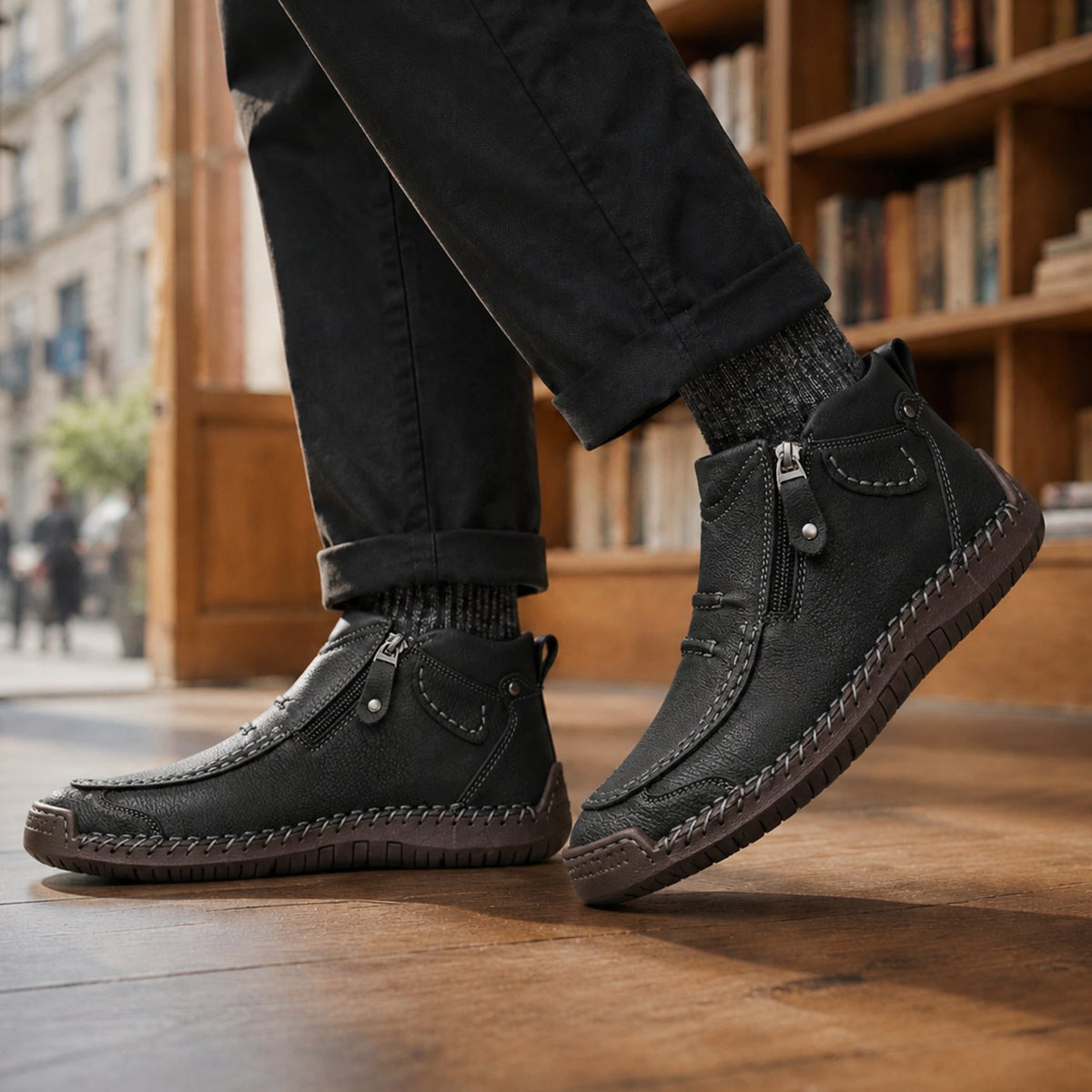 Men's Orthopedic Side-Zip Moc-Toe Leather-Look Ankle Boots