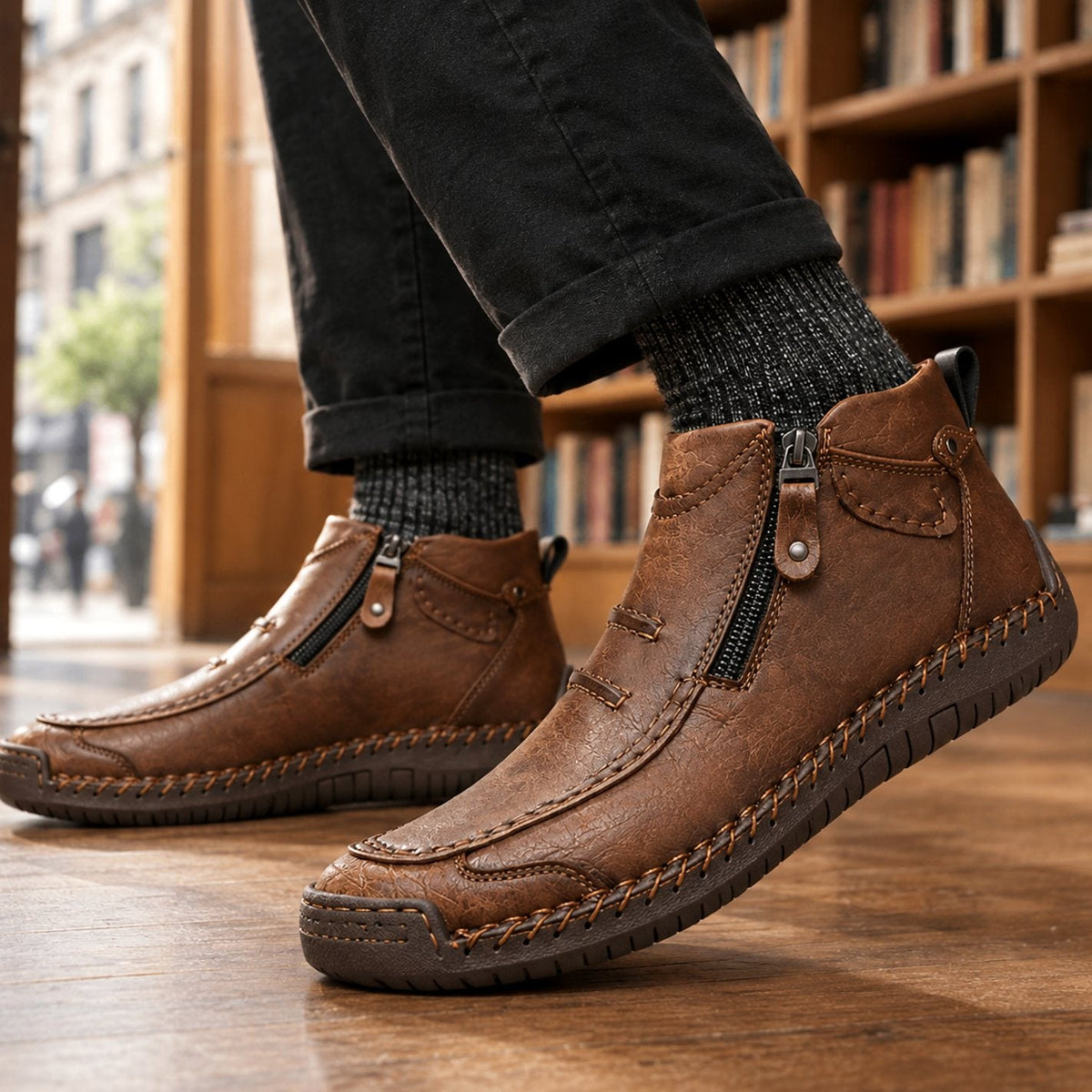 Men's Orthopedic Side-Zip Moc-Toe Leather-Look Ankle Boots