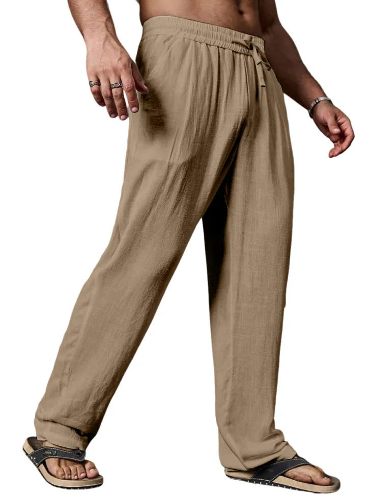 Men's Relaxed Straight-Leg Linen-Blend Yoga Pants with Drawstring Elastic Waistband