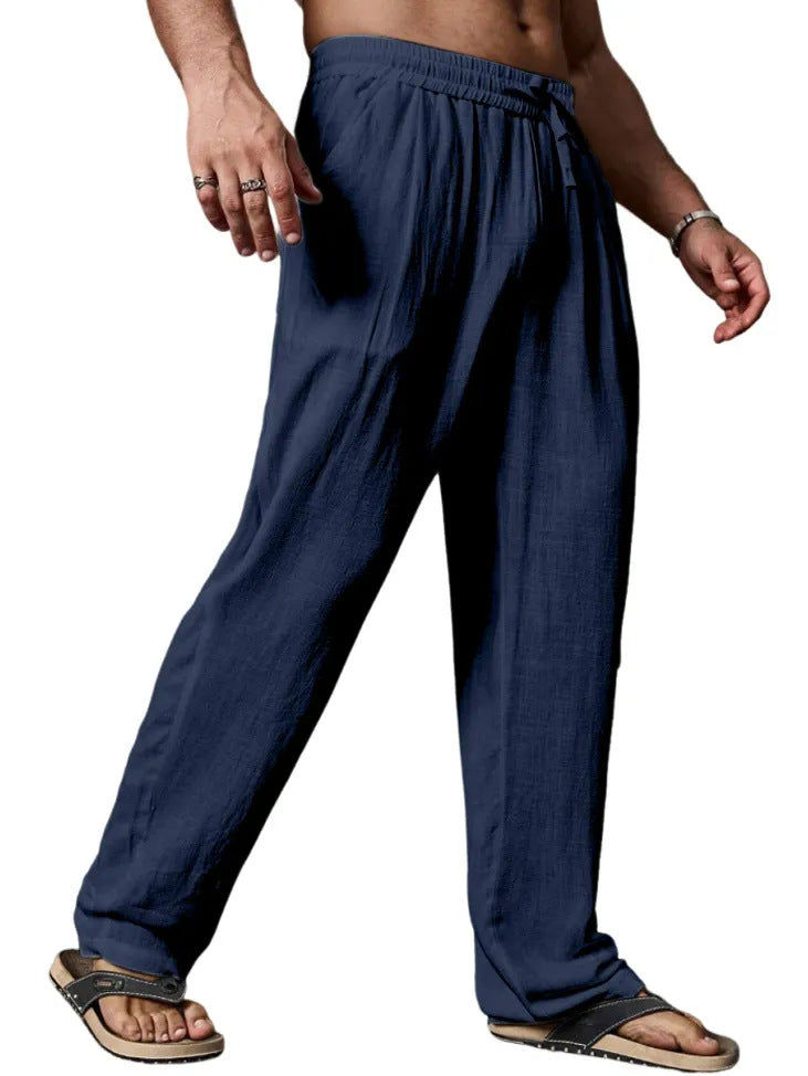 Men's Relaxed Straight-Leg Linen-Blend Yoga Pants with Drawstring Elastic Waistband