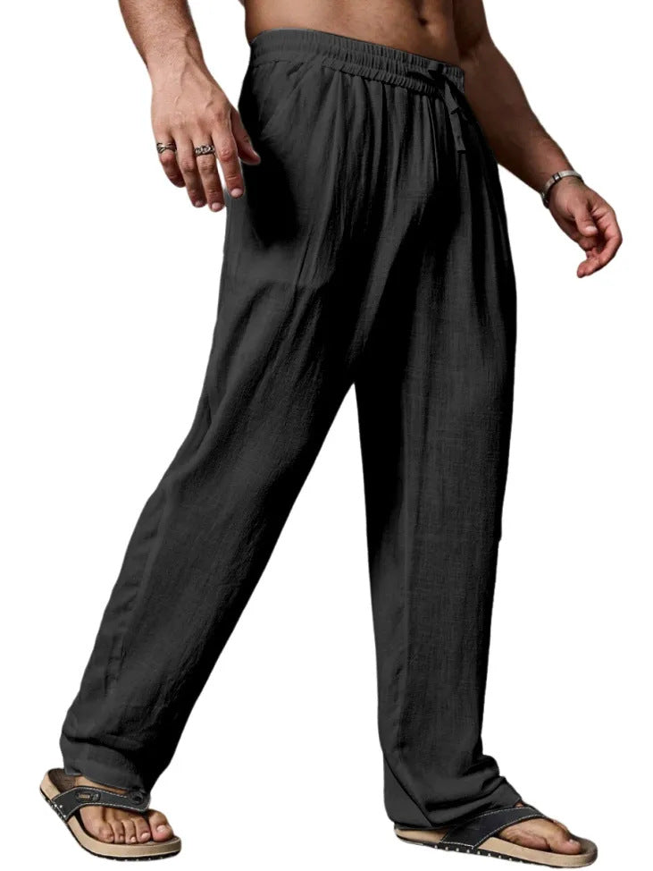 Men's Relaxed Straight-Leg Linen-Blend Yoga Pants with Drawstring Elastic Waistband