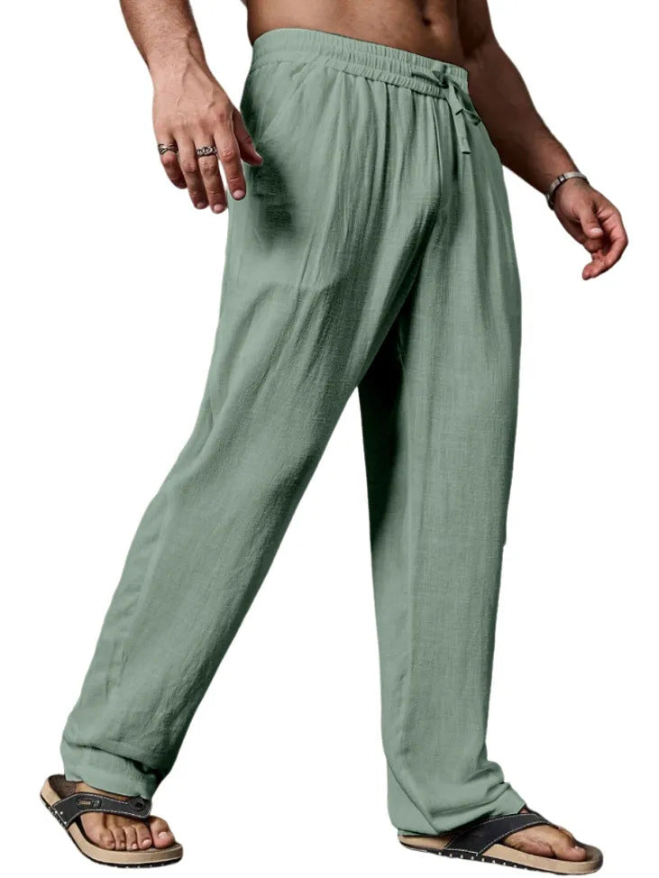 Men's Relaxed Straight-Leg Linen-Blend Yoga Pants with Drawstring Elastic Waistband