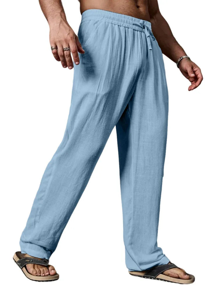 Men's Relaxed Straight-Leg Linen-Blend Yoga Pants with Drawstring Elastic Waistband