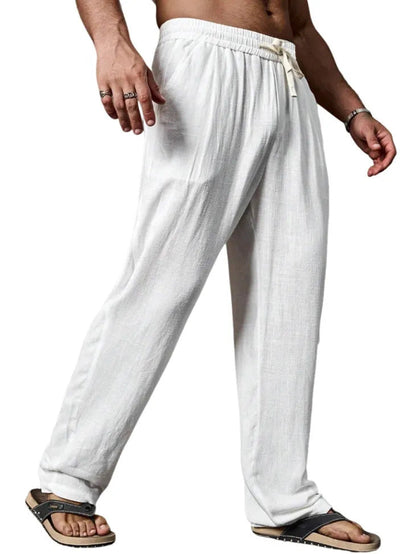 Men's Relaxed Straight-Leg Linen-Blend Yoga Pants with Drawstring Elastic Waistband