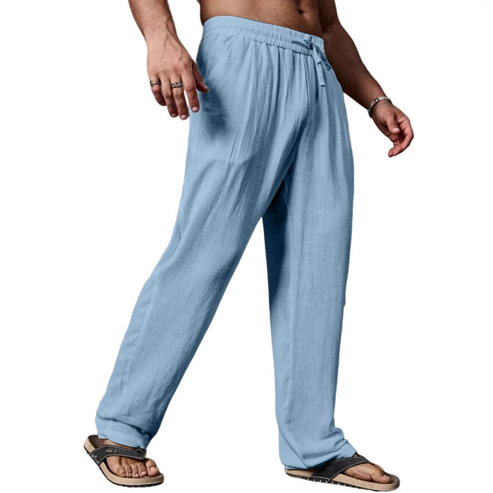 Men's Relaxed Straight-Leg Linen-Blend Yoga Pants with Drawstring Elastic Waistband