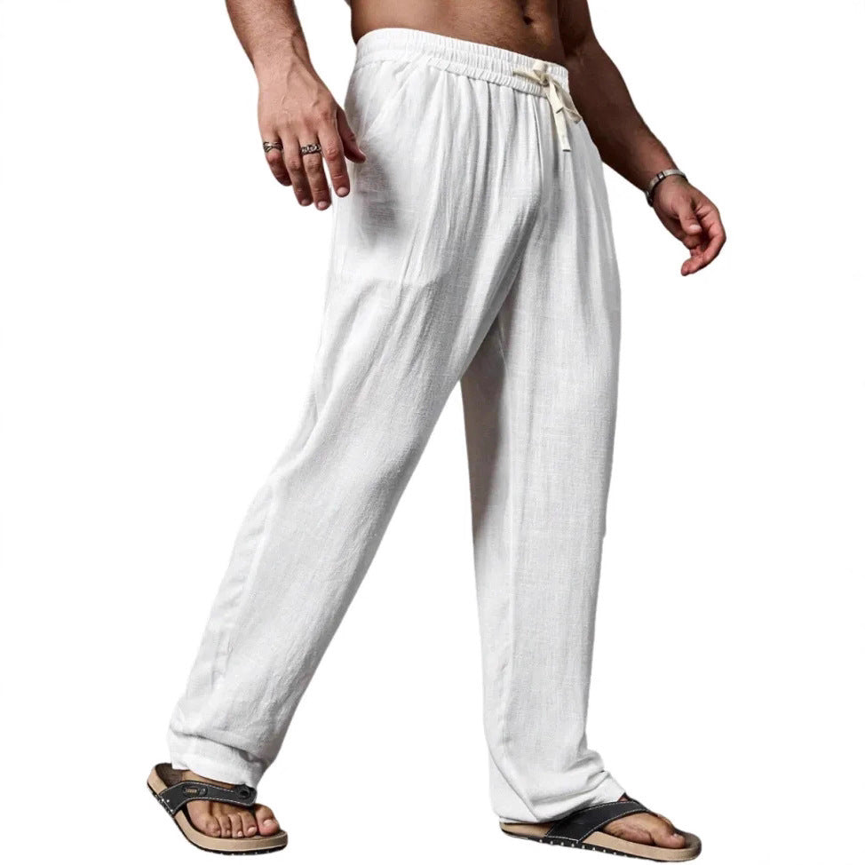 Men's Relaxed Straight-Leg Linen-Blend Yoga Pants with Drawstring Elastic Waistband