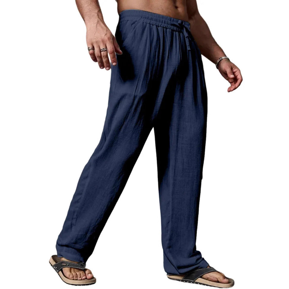 Men's Relaxed Straight-Leg Linen-Blend Yoga Pants with Drawstring Elastic Waistband