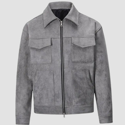 Men's Suede-Look Zip-Up Trucker Jacket with Chest Pockets