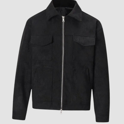 Men's Suede-Look Zip-Up Trucker Jacket with Chest Pockets