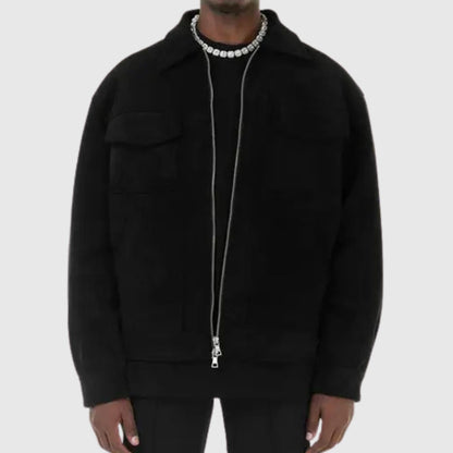 Men's Suede-Look Zip-Up Trucker Jacket with Chest Pockets