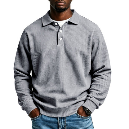Men's Waffle Knit Polo Shirt with Button Placket and Ribbed Cuffs