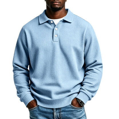 Men's Waffle Knit Polo Shirt with Button Placket and Ribbed Cuffs