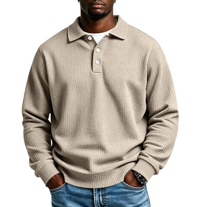 Men's Waffle Knit Polo Shirt with Button Placket and Ribbed Cuffs