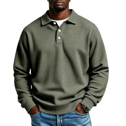 Men's Waffle Knit Polo Shirt with Button Placket and Ribbed Cuffs