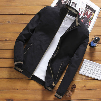 Men's Zip-Front Harrington Jacket with Striped Ribbed Trim