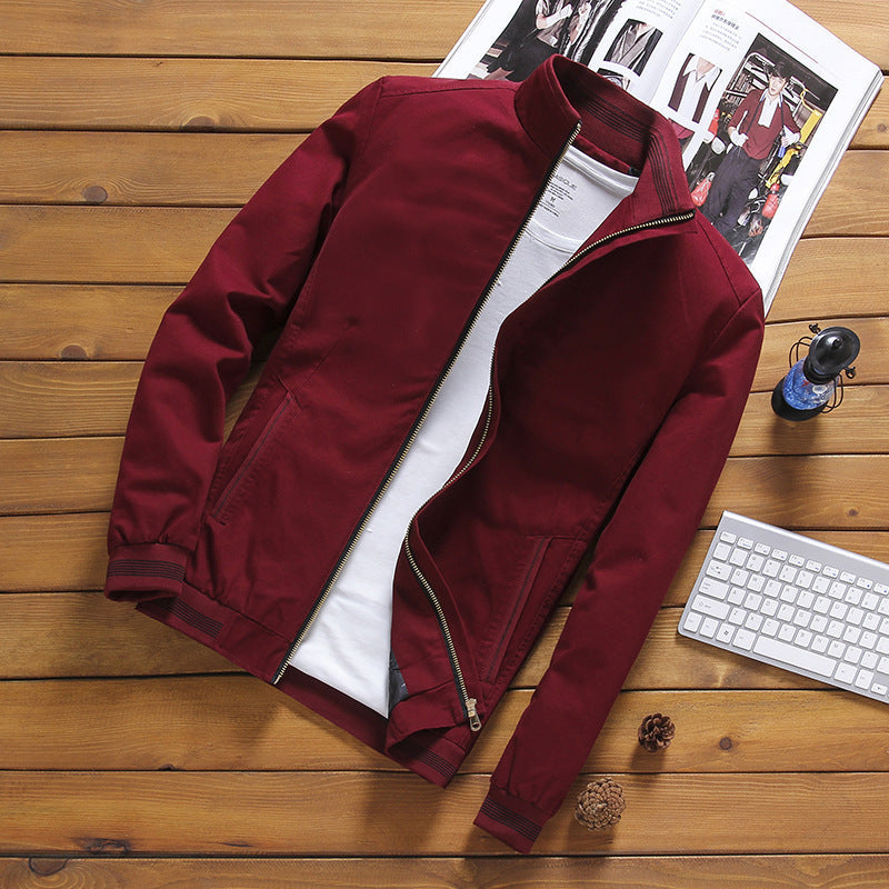 Men's Zip-Front Harrington Jacket with Striped Ribbed Trim