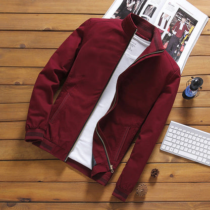 Men's Zip-Front Harrington Jacket with Striped Ribbed Trim