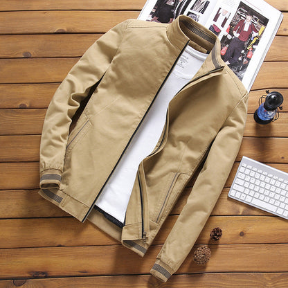 Men's Zip-Front Harrington Jacket with Striped Ribbed Trim