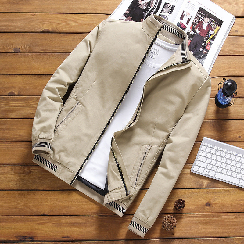 Men's Zip-Front Harrington Jacket with Striped Ribbed Trim