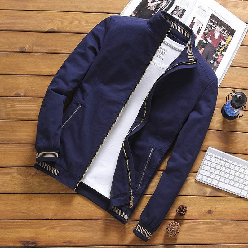Men's Zip-Front Harrington Jacket with Striped Ribbed Trim