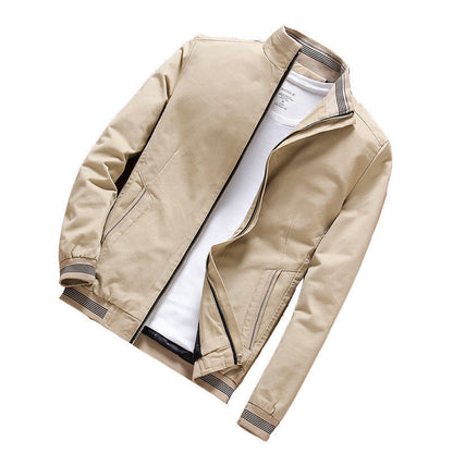 Men's Zip-Front Harrington Jacket with Striped Ribbed Trim