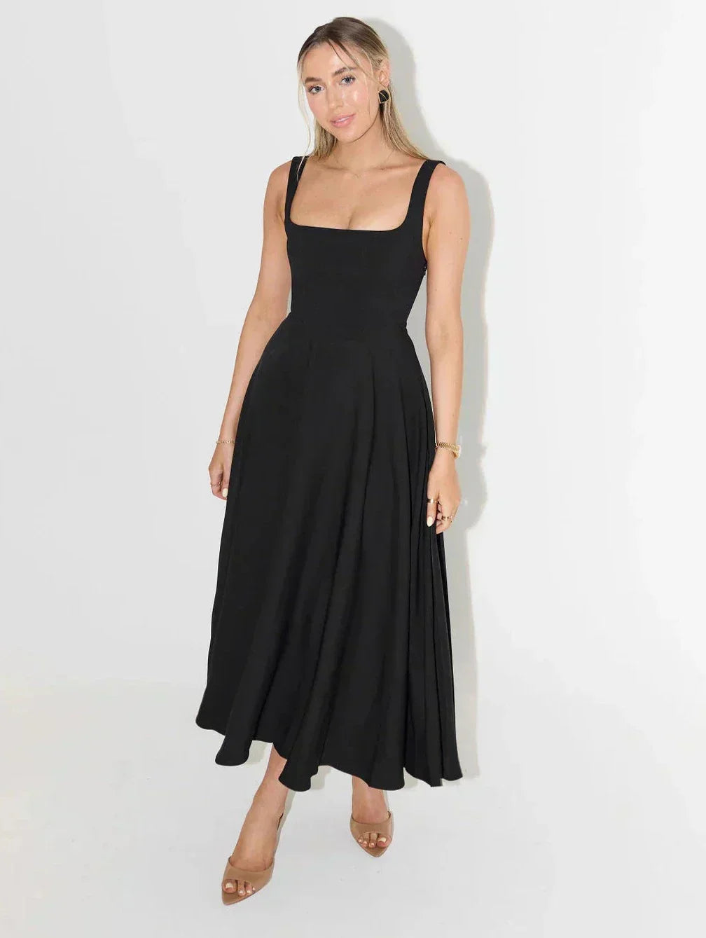 Midi Dress with High Waist and Square Neckline