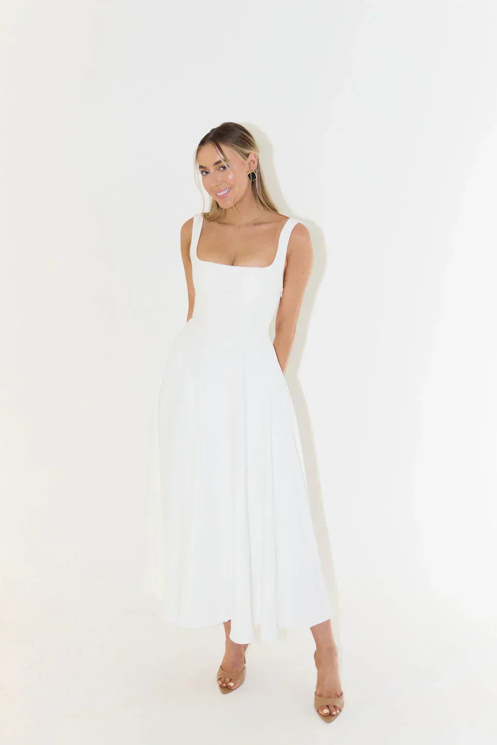 Midi Dress with High Waist and Square Neckline