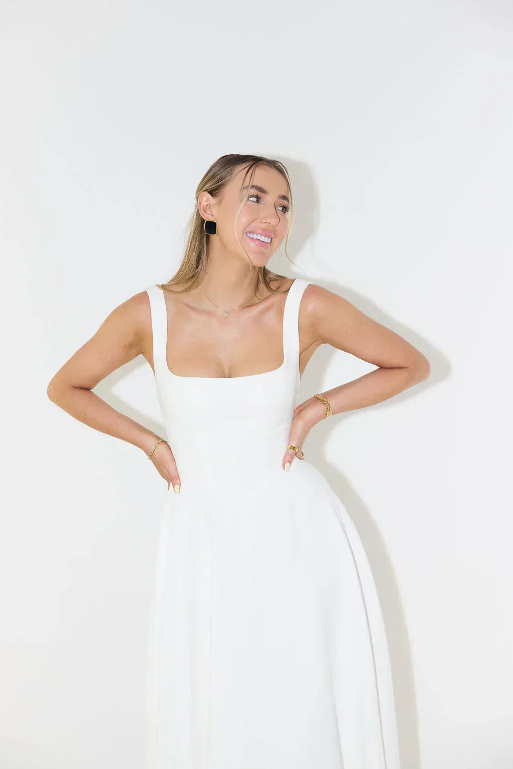 Midi Dress with High Waist and Square Neckline