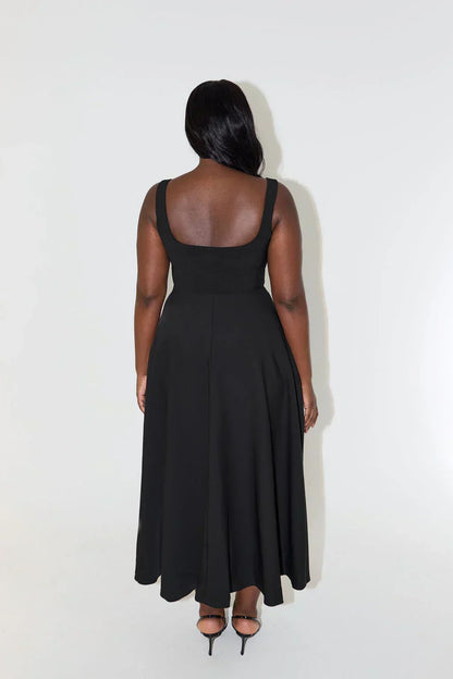 Midi Dress with High Waist and Square Neckline