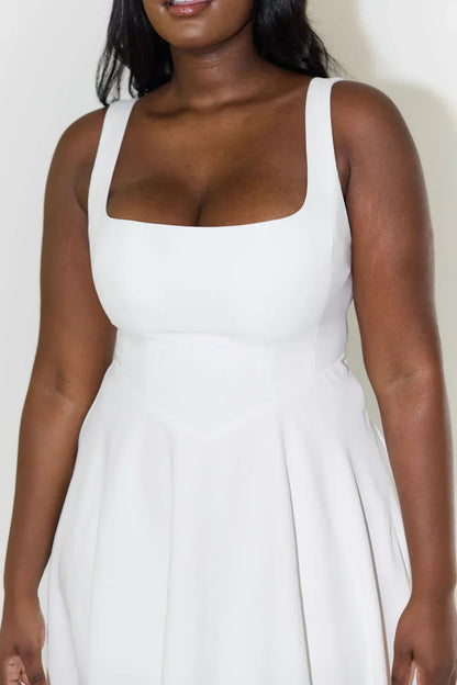 Midi Dress with High Waist and Square Neckline