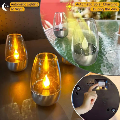 Pair of Flameless LED Glass Votive Lanterns with Realistic Flickering Flame and Metal Base